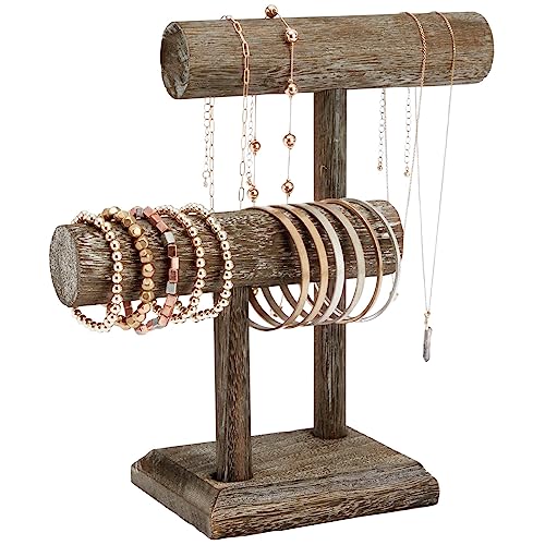 Organizador rústico de joyería de 2 niveles, collar de madera en T y soporte de pulsera para accesorios (8 x 4 x 9 pulgadas)