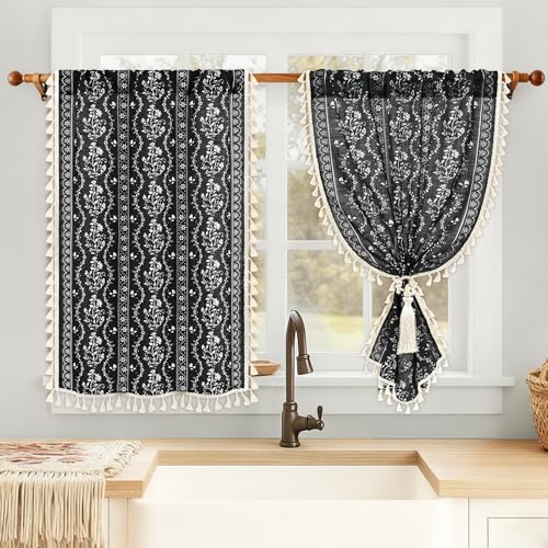 Image of Yinhua Boho Kitchen Curtains 36 Inch Length Vintage Linen Cafe Curtains Light Filtering Bohemian Floral Tier Rod Pocket Farmhouse Rustic Tassel Small Drapes with Tiebacks, 2 Panels, Black