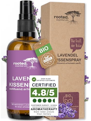 rooted.® Spray de Lavanda 100ml – 100% Aceite Esencial de Lavanda Orgánica - Relajante, calmante y suave – Spray premium para almohada y sueño para noches reparadoras
