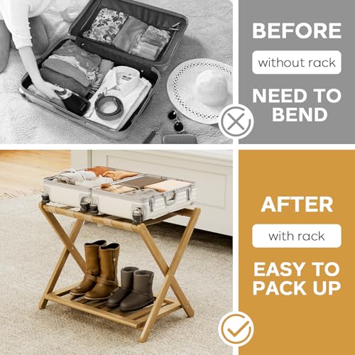 Fully Assembled Luggage Rack, 26.77" Luggage Rack for Guest Room, Bamboo Folding Suitcase Stand with Storage Shelf, 5 Nylon Straps, Heavy Duty Luggage Holder for Bedroom Hotel, 1 Pack, Natural