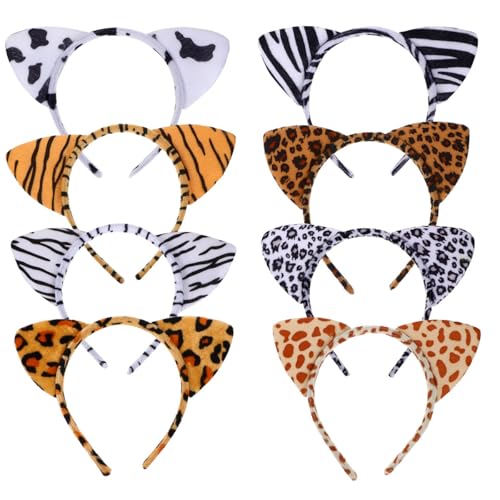 PAMINGONO Diadema Pelo Orejas de Animales 8 Piezas Surtidas de Tela Suave Diseño de Estampado Animal Leopardo Tigre Cebra Vaca Jirafa Puntos Adecuado para Halloween y Disfraces