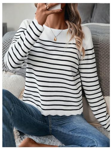 Verdusa Women's Striped Button Back Sweater Crew Neck Long Sleeve Scalloped Casual Pullovers4