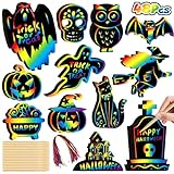 48PCS Halloween Party Favors, Halloween Craft Kit for Kids Gifts - Magic Scratch Off Paper Hanging Halloween Ornaments Set with 24pcs Wooden Stylus 48pcs Cords for Halloween Games, Art Craft Supplies