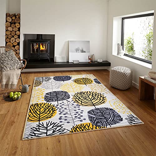 Image of Matz&More Floral Circle Tree Rug | 100x150 CM | Beige Yellow | Soft Nylon Loop Pile with Anti-Slip Gel Backing | Living Room, Bedroom & Office Floor Carpet