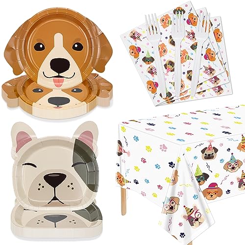 81 Pcs Dog Party Decorations - Including Plates, Napkins, Puppy Tablecloth, Black Plastic Forks for Kids Puppy Dog Themed Birthday Party Supplies, Serve 20