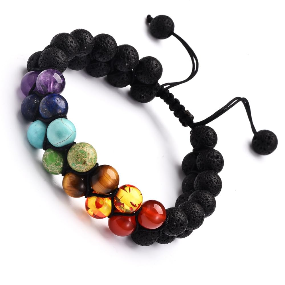 LYGBAOFUL Armband mit 7 Chakra-Perlen, Lavastein-Edelstein, 8 mm, doppellagige Reihe, verstellbare Unisex-Steinarmbänder