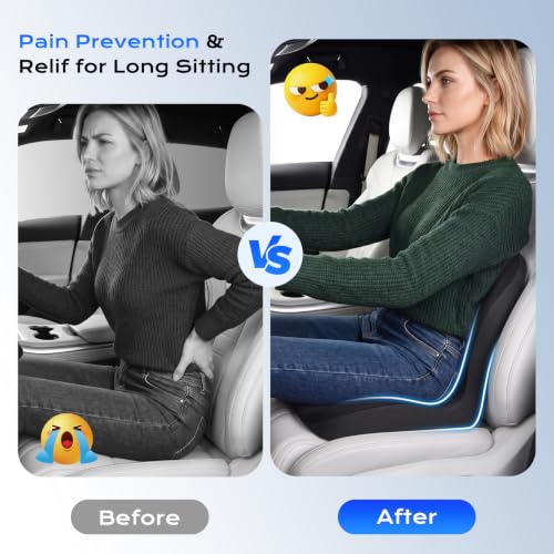 Image of Coverado Car Seat Cushion and Lumbar Support Pillow One Piece, Memory Foam Ergonomic Back Support Driving Seat Cushion for Back Pain, Non-Slip Washable Cushion for Car, Driver, Office