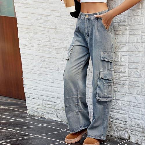 Womens Cargo Jeans High Waist Baggy Cargo Denim Pant Wash Multiple Pockets Combat Military Trousers Baggy Denim Jeans2