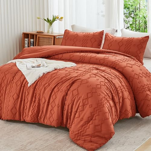 Image of Andency Terracotta Tufted Fall Comforter Set Full(79x90Inch), 3 Pieces(1 Boho Comforter, 2 Pillowcases) Textured Farmhouse, Soft Down Alternative Geometric Fall Bedding Set