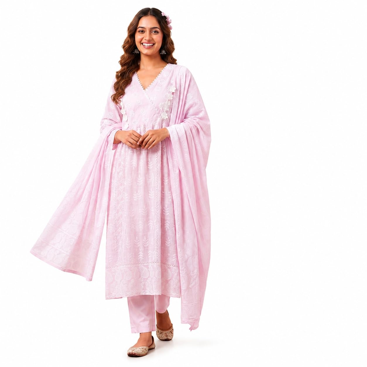 Women's Chikankari Anarkali Kurta Set with Dupatta, Pink-image-42
