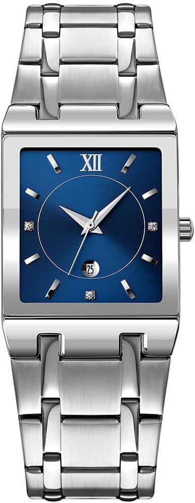 Fashion Silver Watches for Men Square Dial Date Waterproof Analog Quartz Stainless Steel Fashion Casual Mens Business Watch