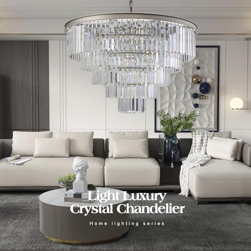 image for MEELIGHTING Nickel Modern Crystal Chandelier Lights Pendant Ceiling Li