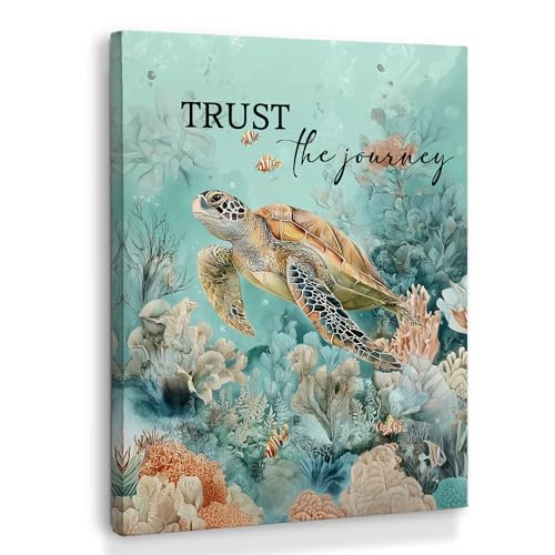 XINCEYWJ Sea Turtle Bathroom Wall Art Decor, Sea Turtle Gifts for Woman, Beach Blue Ocean Canvas Art Prints Framed, Coast Scenery Pictures Wall Decor for Home Bedroom Living Room, 11x14 In