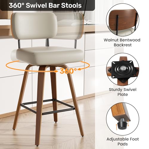 Image of Swivel Bar Stools Set of 1, 26 inch Upholstered Faux Leather Counter Height Barstools with Walnut Back & Bentwood Legs, Mid Century Modern Bar Chairs Island Stools for Kitchen Counter, Beige Grey