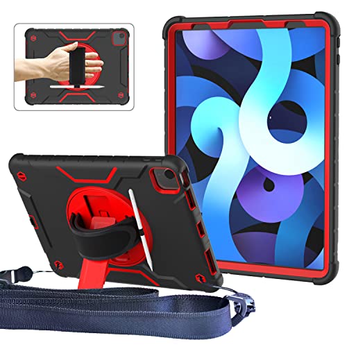 iPad Air 5th/4th Generation Case 10.9'' 2022/2020, TrendGate Shockproof iPad Pro 11" Case with Screen Protector/Shoulder Strap/360° Rotating Hand Strap Stand for iPad Air 5/Air 4/Pro 11 - Black/Red