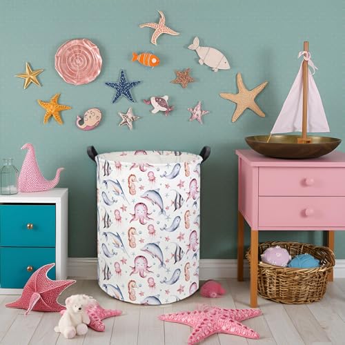 Image of Baby Laundry Basket Baby Hamper for Nursery Girl Kids Ocean Hamper Cute Storage Bin Organizer Pink Room Decor for Home(Pink Ocean)