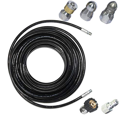 XZT 3000 PSI 1/4 Inch 50 FT Sewer Jetter Kit for Pressure Washer, Button Nose and Rotating Nozzle for Pressure Washer,Pressure Washer Drain Hose kit,Kitchen Drain Cleaner (50)