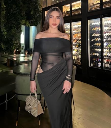 Women's Sheer Mesh Off Shoulder Maxi Dress Y2K Bodycon Gown for Club Party Wedding Evening Outfits4