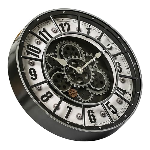 18 Inch Wall Clock with Moving Gears, Oversized Large Industrial Steampunk Decoration, Antique Metal Big Numeral Wall Clocks for Kitchen Study Room Living Room Decor (Industrial Metal Silver-White)