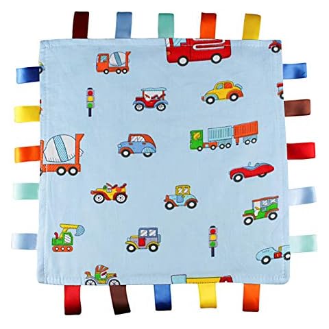 Blue Baby Tag, Taggy Blanket - Blue with Multi-Coloured Vehicles Tag, Taggy Blanket - Plain Blue Textured Underside Cover