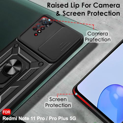 Image of TheGiftKart Tough Armor Bumper Back Cover Case for Mi Redmi Note 11 Pro /Pro Plus 5G | Kickstand & Ring Holder | 360 Degree Protection Back Cover Case (PC & TPU, Sliding Camera Cover, Black)