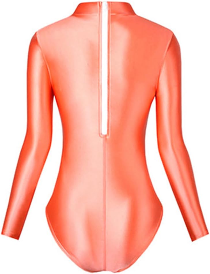 Women's Sexy Silky Oil Shiny Long Sleeve Satin Glossy Opaque Bodystocking High Cut Leotard Bodysuit Catsuit
