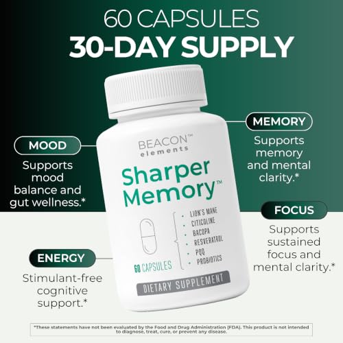 Image of Sharper Memory Brain Supplement for Memory & Focus | Nootropic Formula for Brain Wellness with Lion's Mane, Citicoline, Bacopa, PQQ, Resveratrol & Probiotics | 60 Capsules