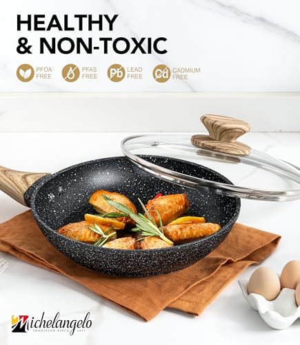 Image of Michelangelo 30CM Frying Pan Non Stick, Frying Pan with Bakelite Handle, Frying Pan Induction Base with Stone-Derived Coating, Frying Pan with Lid, Black