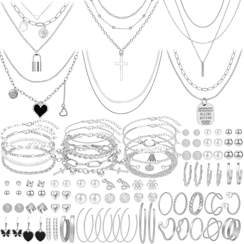 NEWITIN 100 Pieces Silver Jewelry Set for Women Fashion Costume Jewelry Silver Gold Plated Necklace Bracelet Ring Earrings Set for Women