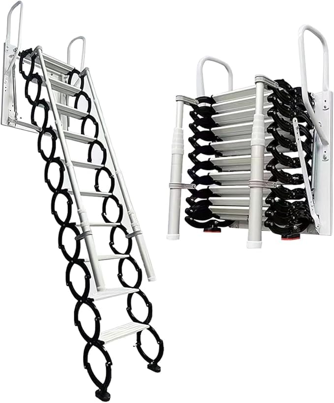 10FT Wall Mounted Retractable Attic Ladder, Folding Loft Stairs with 2 Handrails & Pull-Down System, Extra Wider Attic Stairs for Indoor, for Indoor, Garage, Basement, Storehouse, 660lb (12 Steps)