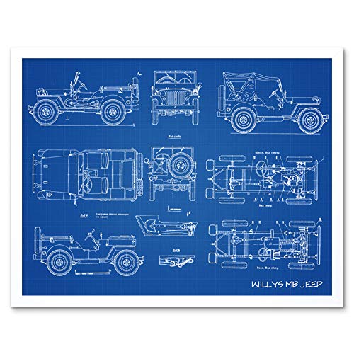 Willys MB US Military Jeep Vehicle Blueprint Plan Art Print Framed Poster Wall Decor 12x16 inch Militaire Bleu Affiche mur Déco