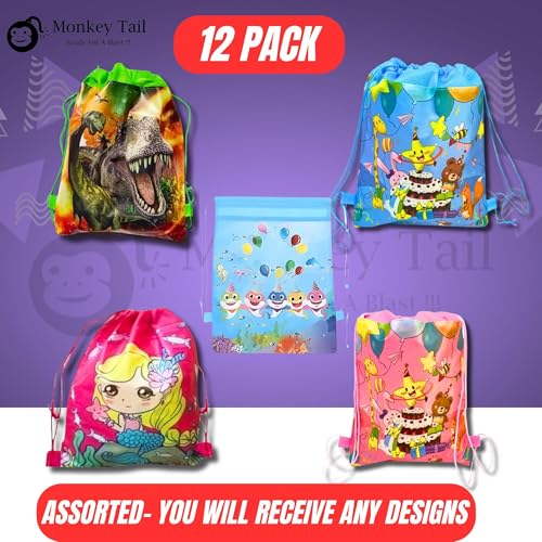 Image of MONKEYTAIL Drawstring Bags for Kids Pack of 12 - Assorted Theme String Bags for Birthday Return Gifts, Party Favors, Goodies, School Events & Travel Use