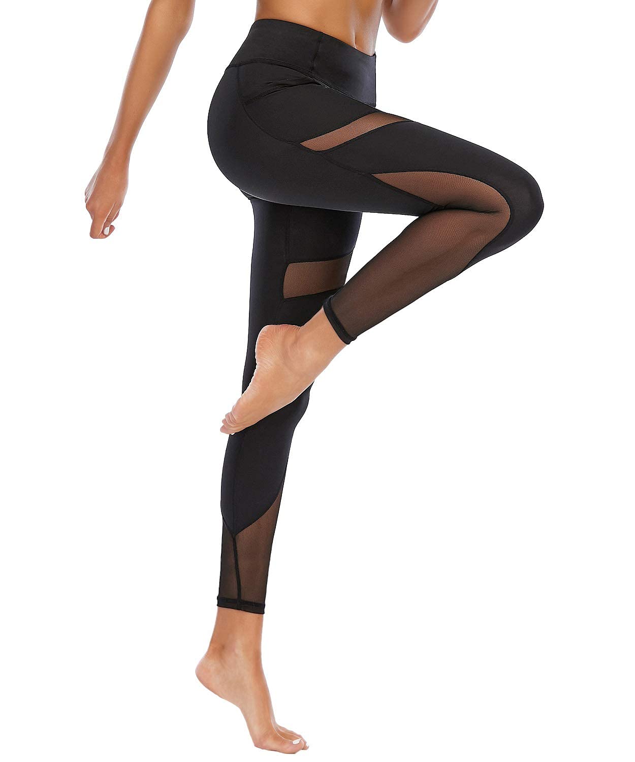 CSTOWN Pantalones de yoga de cintura alta con bolsillos laterales de malla elástica, leggings de entrenamiento, control de barriga, mallas de yoga - negro - X-Large