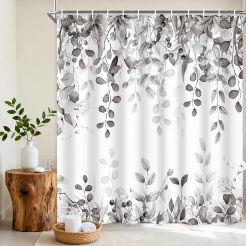 Rideau douche eucalyptus noir blanc feuilles botaniques 72x75 pouces