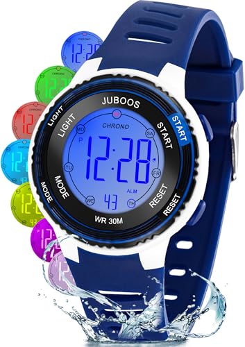 Juboos Kinder Digitaluhren Jungen Mädchen,7 Farben LED-Licht,30M Wasserdicht, mit Alarm,Stoppuhr Outdoor Armbanduhr für Kinder 5-16 Jahre