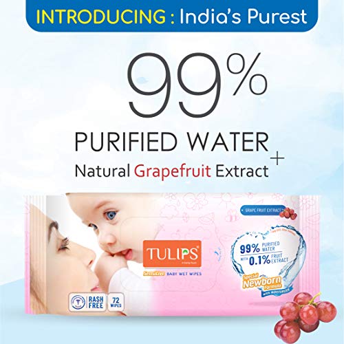 Image of Tulips Sensitive Baby Wet Wipes (72 wipes x 2 Pack), for Gentle Cleaning /Moisturising, Rash Free, 99% Purified Water with Grapefruit Extracts