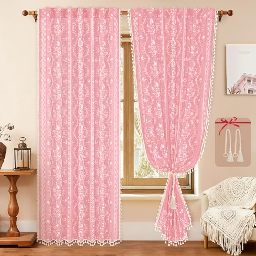 Image of Yinhua Boho Curtains for Living Room 63 Inch Length Vintage Linen Pink Curtains for Bedroom Light Filtering Floral Window Curtain Rod Pocket & Back Tabs Farmhouse Rustic Tassel Drapes with Tiebacks