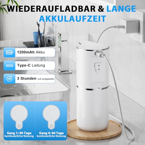 Fantictas Automatischer Seifenspender, elektrischer Schaumseifenspender, USB wiederaufladbar, 4 Stufen verstellbar, 380 ml Wandhalterung, geeignet für Badezimmer/Küche/Geschirrspülmittel, Weiß