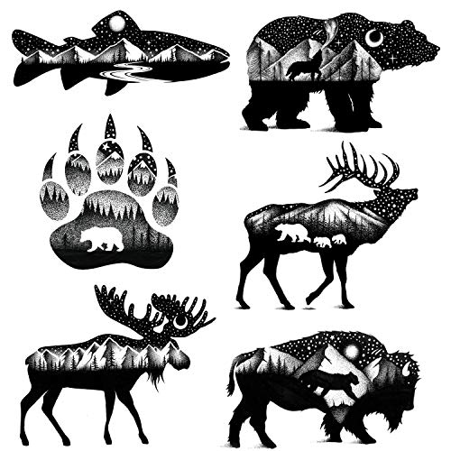 6 sheets temporary tattoos black and white animals for adults teen - realistic bear wolf fish bird eagle long lasting fake face tatoos stickers for arm