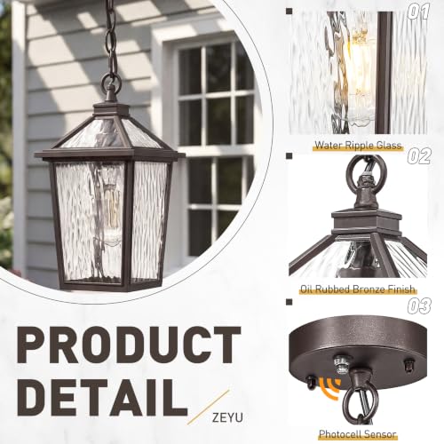 Image of zeyu 12 Inch Dusk to Dawn Outdoor Hanging Light, Outside Hanging Light for Patio, Die-Cast Aluminum with Water Ripple Glass, Oil Rubbed Bronze Finish, ZX58H-PC ORB-SW