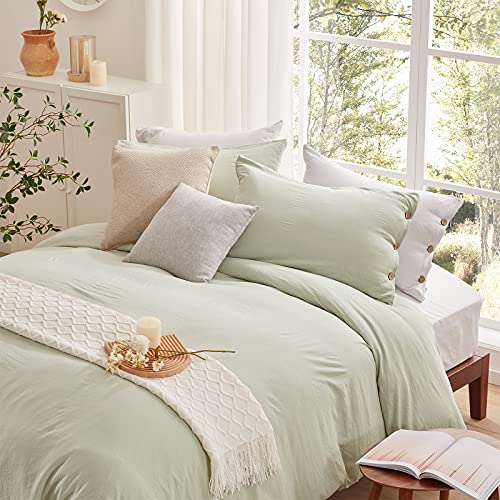 Nexhome Sage Green Duvet Cover Sets Queen Size 3 Piece Double Brushed Microfiber Queen Duvet Cover With Button Closure & Corner Tie 1 Breathable And Soft Duvet Cover 90X90 Inches + 2 Pillow Shams #TOP2