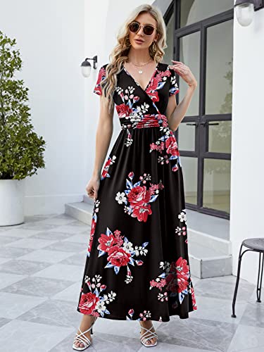 Anrilita Maxi Dress For Women Wrap V Neck Short Sleeve Empire Pleated Waist Summer Casual Elegant Long Dress With Pockets Red Flower #TOP1
