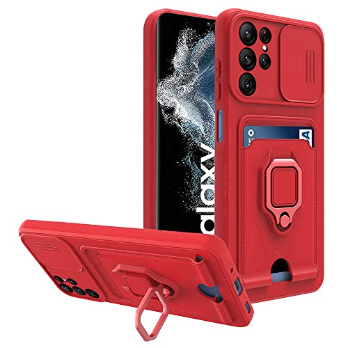 Sac de carte en silicone et anneau support sur coque S23 Ultra rouge