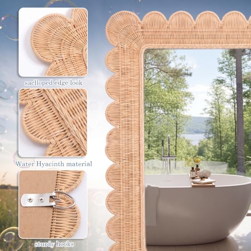 Image of Small Scalloped Rattan Wall Mirror 23 inch x 17 inch Decorative Mirror | Decorative Natural Rattan Wall Wavy Mirror, with Handwoven Frame, for Bathroom, Living Room, Entryway Decor