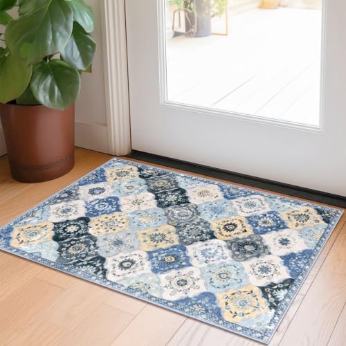 KILOCOCO 2x3 Small Area Rug, Moroccan Super Soft Entryway Rugs Indoor Vintage Washable Rug Non-Slip Indoor Door Mat, Accent Print Faux Wool Throw Rug for Kitchen Bedroom Entrance, Blue/Yellow/Multi
