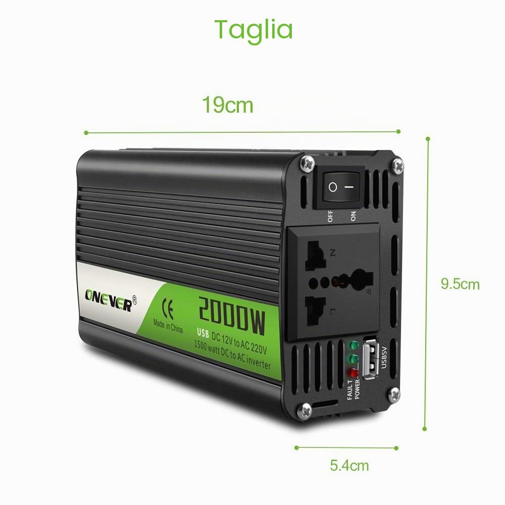 Inverter Auto Onda Pura 2000W 12V 220V Convertitore DC 12 V a 220V Porte USB 2.1A Caricatore da auto 1 pc Nero