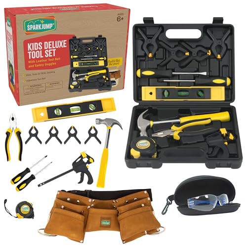 SparkJump Deluxe Kids Tool Set, Real Tools with Leather Tool Belt & Tool Box, Beginner Tool Kit for Boys & Girls Ages 4-6 & Up, Brown Ultimate Tool...