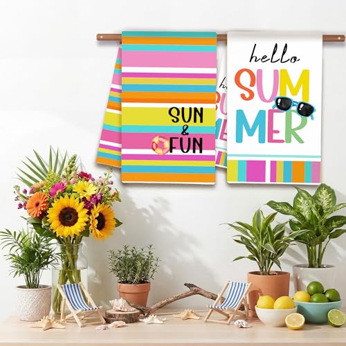 Image of FUTBU Summer Kitchen Towels, Sun and Fun Stripes Dish Towels Set of 2 for Bathroom Decor, 18x26Inch Drying Dishcloth Farmhouse Holiday Summer Pools Decoration