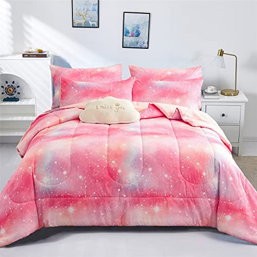 KAKKI Juego de edredón rosa Galaxy Queen, 3 piezas, 88 x 88 pulgadas