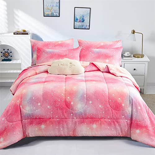 Juego de edredón de galaxia con purpurina rosa degradado, tamaño Queen para niñas, edredón de cielo estrellado de constelación brillante para niños y adolescentes, juego de ropa de cama de microfibra